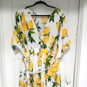 Chic Soul Curvy Lemon Print Button Down V Neck Dress Womens Size 2XL White